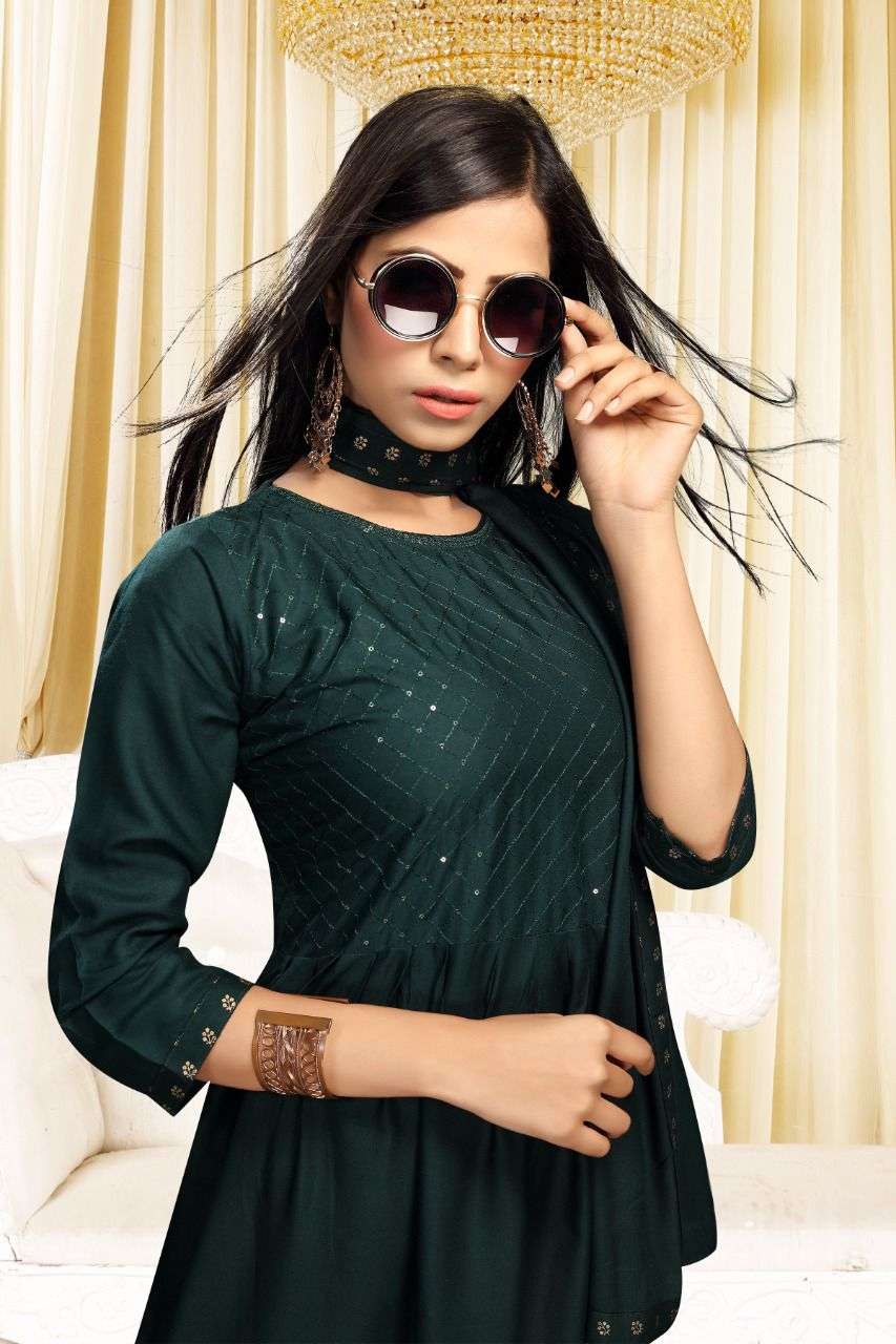 CRYSTAL HEAVY RAYON WORK AND FOIL PRINT WITH DUPATTA KURTI CATALOG WHOLESALER BEST RATE