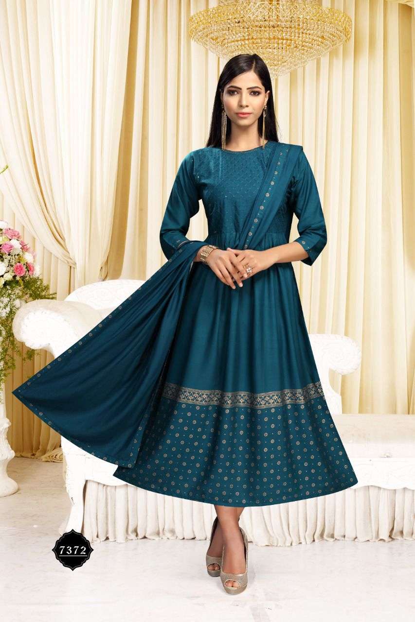 CRYSTAL HEAVY RAYON WORK AND FOIL PRINT WITH DUPATTA KURTI CATALOG WHOLESALER BEST RATE