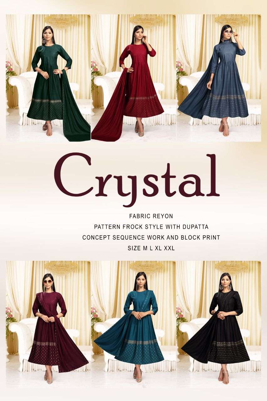 CRYSTAL HEAVY RAYON WORK AND FOIL PRINT WITH DUPATTA KURTI CATALOG WHOLESALER BEST RATE