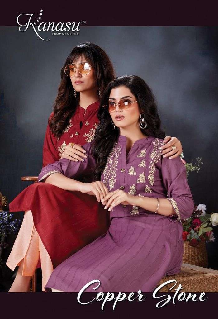 KANASU COPPER STONE HEAVY REYON VISCOSE LINNING TOP & PANT WITH DORI EMBROIDERY WORK KURTI CATALOG WHOLESALER BEST RATE