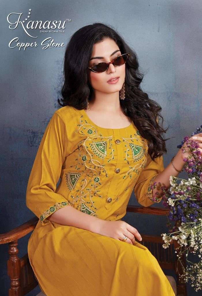 KANASU COPPER STONE HEAVY REYON VISCOSE LINNING TOP & PANT WITH DORI EMBROIDERY WORK KURTI CATALOG WHOLESALER BEST RATE