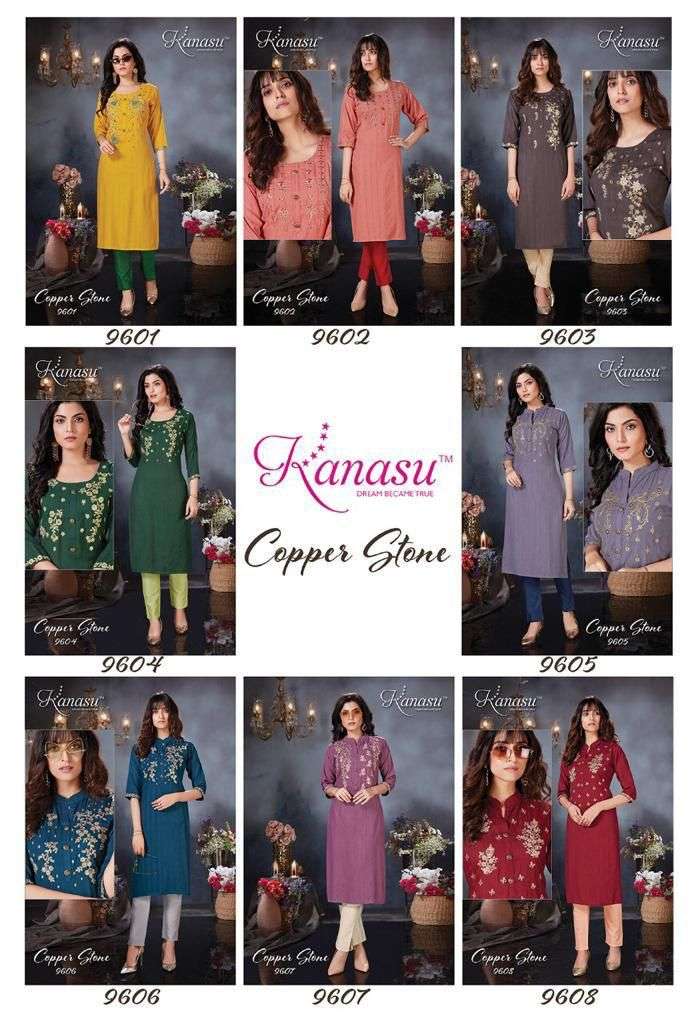 KANASU COPPER STONE HEAVY REYON VISCOSE LINNING TOP & PANT WITH DORI EMBROIDERY WORK KURTI CATALOG WHOLESALER BEST RATE