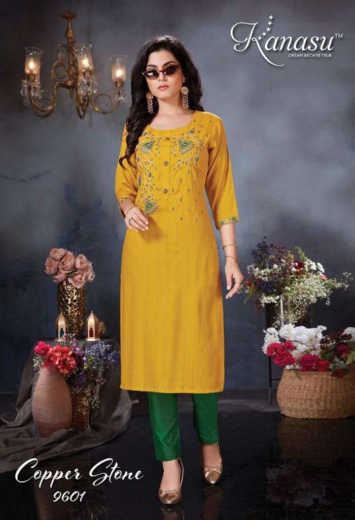 KANASU COPPER STONE HEAVY REYON VISCOSE LINNING TOP & PANT WITH DORI EMBROIDERY WORK KURTI CATALOG WHOLESALER BEST RATE