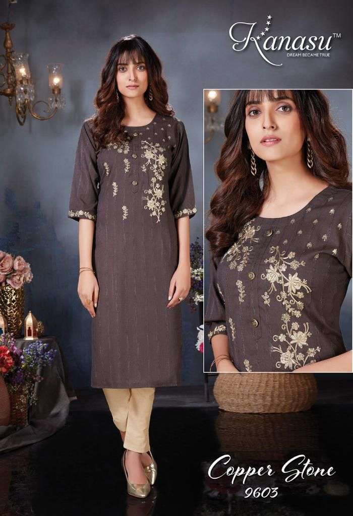 KANASU COPPER STONE HEAVY REYON VISCOSE LINNING TOP & PANT WITH DORI EMBROIDERY WORK KURTI CATALOG WHOLESALER BEST RATE