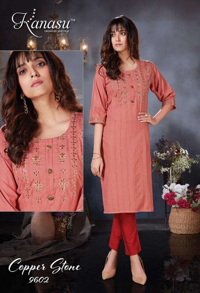 KANASU COPPER STONE HEAVY REYON VISCOSE LINNING TOP & PANT WITH DORI EMBROIDERY WORK KURTI CATALOG WHOLESALER BEST RATE