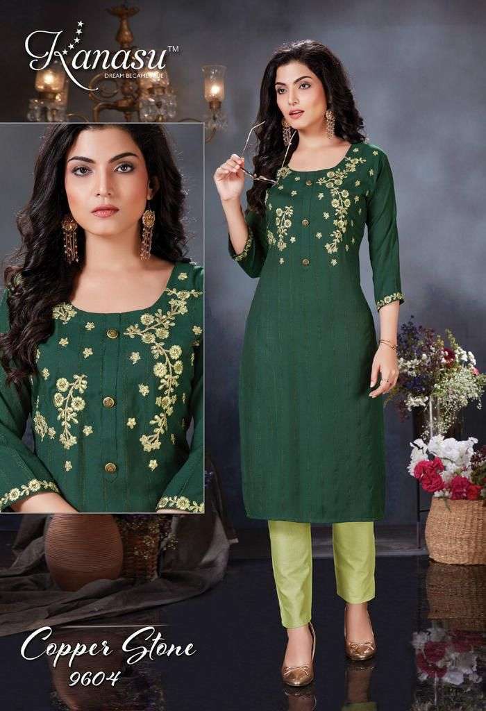 KANASU COPPER STONE HEAVY REYON VISCOSE LINNING TOP & PANT WITH DORI EMBROIDERY WORK KURTI CATALOG WHOLESALER BEST RATE