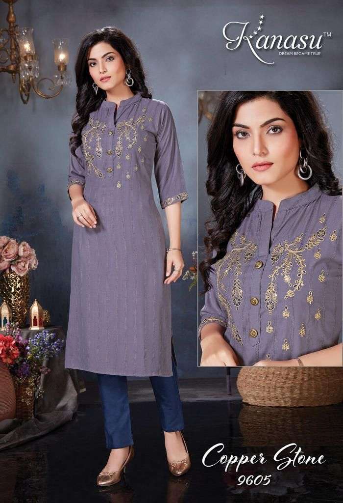 KANASU COPPER STONE HEAVY REYON VISCOSE LINNING TOP & PANT WITH DORI EMBROIDERY WORK KURTI CATALOG WHOLESALER BEST RATE