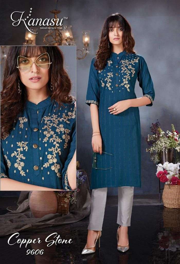 KANASU COPPER STONE HEAVY REYON VISCOSE LINNING TOP & PANT WITH DORI EMBROIDERY WORK KURTI CATALOG WHOLESALER BEST RATE