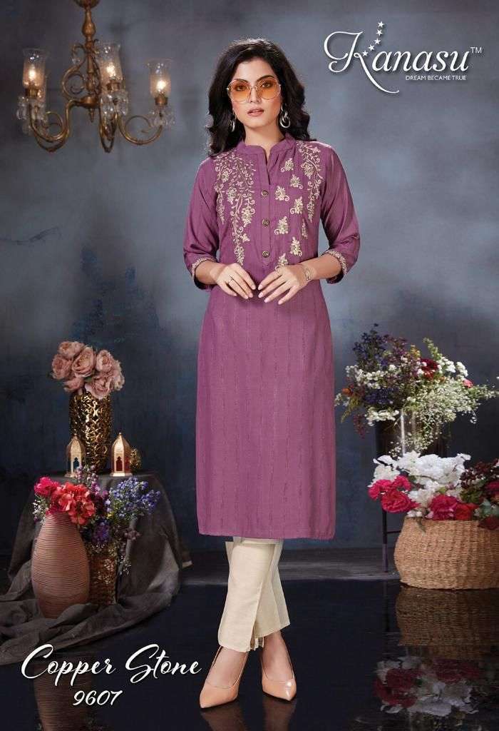 KANASU COPPER STONE HEAVY REYON VISCOSE LINNING TOP & PANT WITH DORI EMBROIDERY WORK KURTI CATALOG WHOLESALER BEST RATE