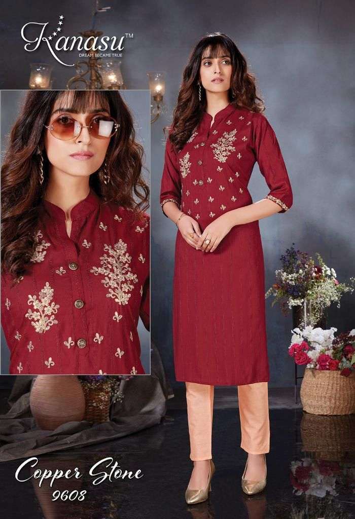 KANASU COPPER STONE HEAVY REYON VISCOSE LINNING TOP & PANT WITH DORI EMBROIDERY WORK KURTI CATALOG WHOLESALER BEST RATE