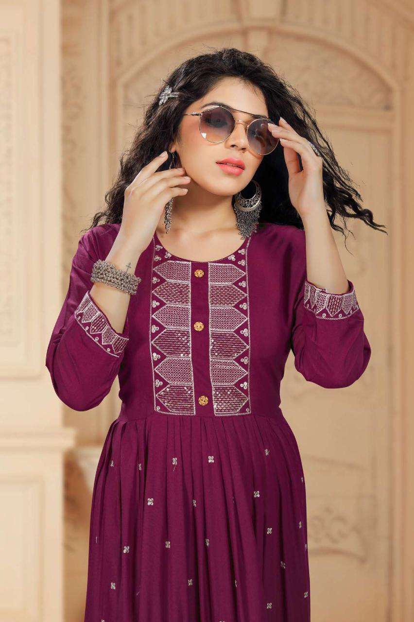 RIYAA ASHMI HEAVY RAYON FROCK STYLE HEAVY SEQUENCE WORK KURTI CATALOG WHOLESALER BEST RATE