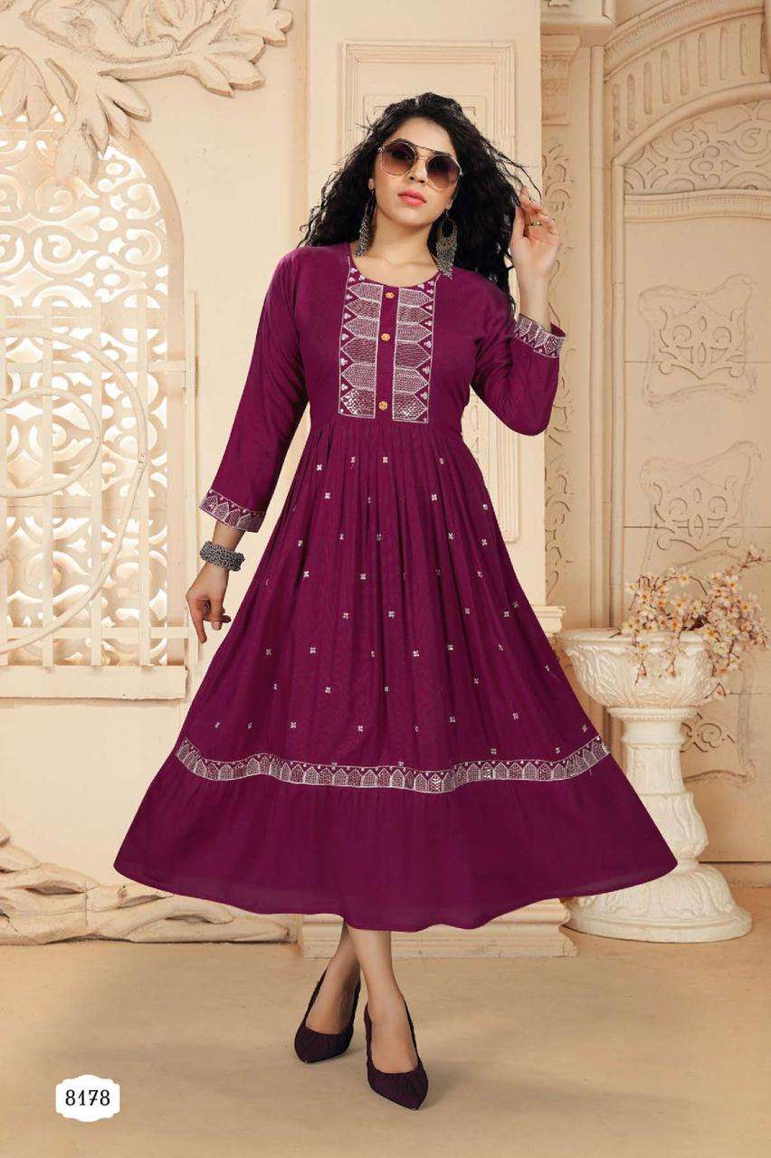 RIYAA ASHMI HEAVY RAYON FROCK STYLE HEAVY SEQUENCE WORK KURTI CATALOG WHOLESALER BEST RATE