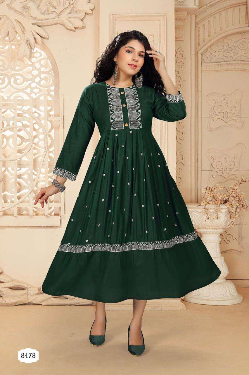 RIYAA ASHMI HEAVY RAYON FROCK STYLE HEAVY SEQUENCE WORK KURTI CATALOG WHOLESALER BEST RATE