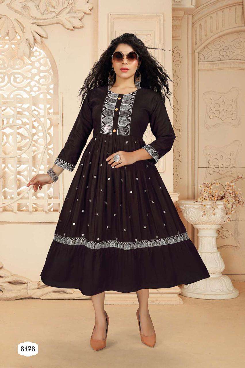 RIYAA ASHMI HEAVY RAYON FROCK STYLE HEAVY SEQUENCE WORK KURTI CATALOG WHOLESALER BEST RATE