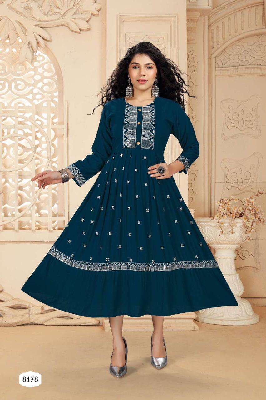 RIYAA ASHMI HEAVY RAYON FROCK STYLE HEAVY SEQUENCE WORK KURTI CATALOG WHOLESALER BEST RATE