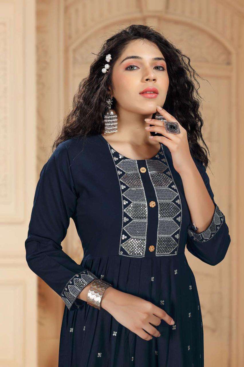 RIYAA ASHMI HEAVY RAYON FROCK STYLE HEAVY SEQUENCE WORK KURTI CATALOG WHOLESALER BEST RATE