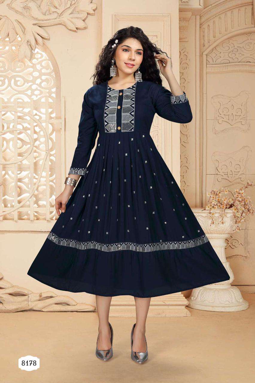 RIYAA ASHMI HEAVY RAYON FROCK STYLE HEAVY SEQUENCE WORK KURTI CATALOG WHOLESALER BEST RATE