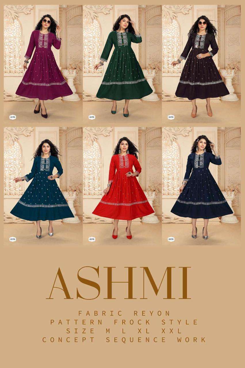 RIYAA ASHMI HEAVY RAYON FROCK STYLE HEAVY SEQUENCE WORK KURTI CATALOG WHOLESALER BEST RATE