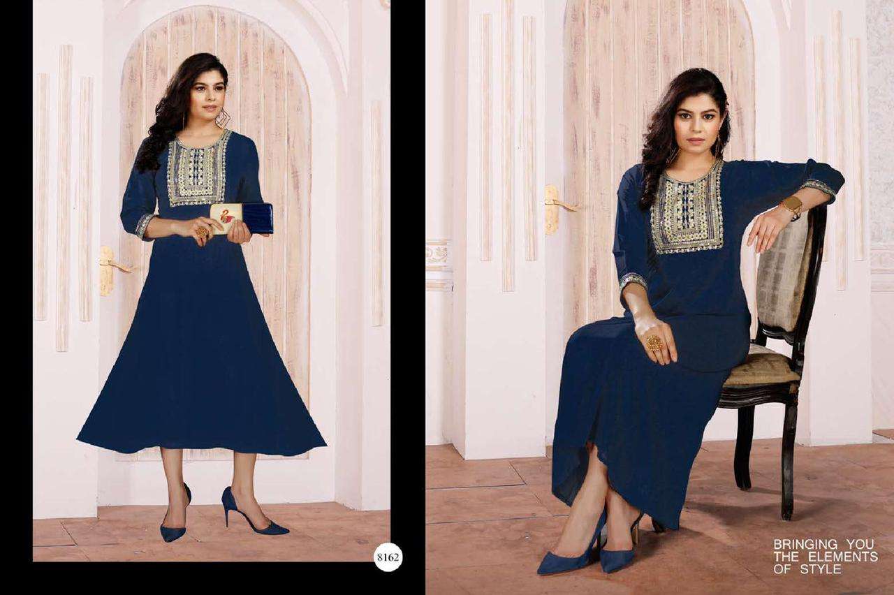 RRR HEAVY WRINKLE PLAN RAYON FROCK STYLE SEQUENCE JARI WORK KURTI CATALOG WHOLESALER BEST RATE