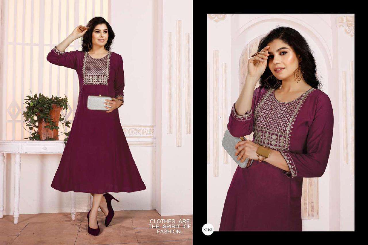 RRR HEAVY WRINKLE PLAN RAYON FROCK STYLE SEQUENCE JARI WORK KURTI CATALOG WHOLESALER BEST RATE
