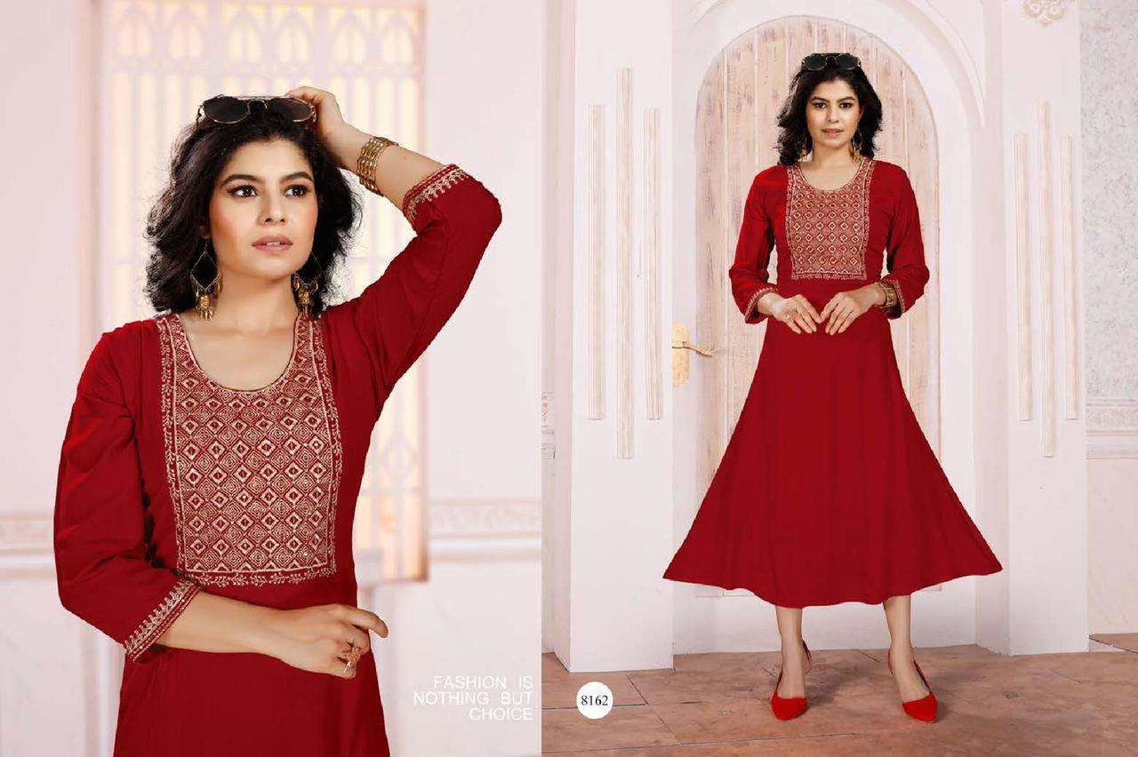 RRR HEAVY WRINKLE PLAN RAYON FROCK STYLE SEQUENCE JARI WORK KURTI CATALOG WHOLESALER BEST RATE