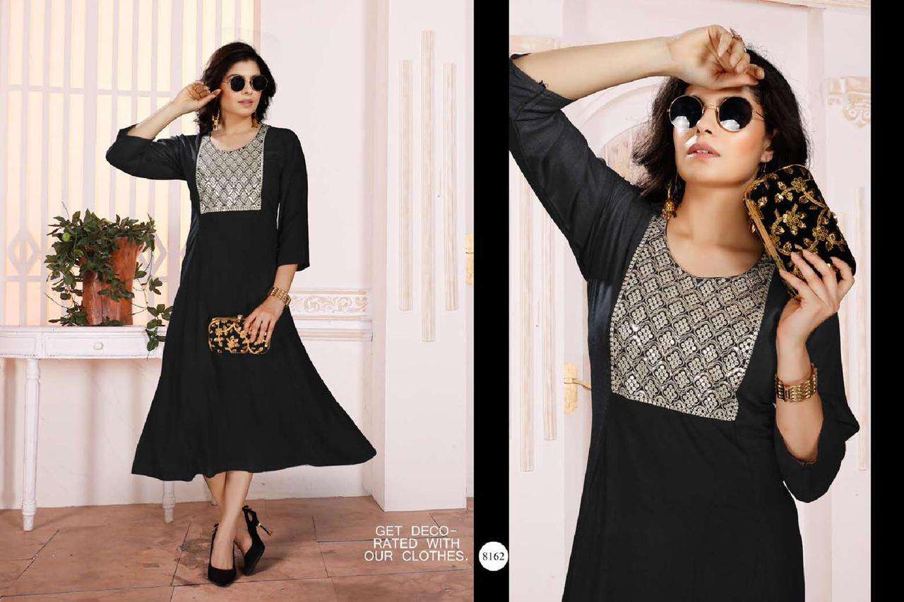 RRR HEAVY WRINKLE PLAN RAYON FROCK STYLE SEQUENCE JARI WORK KURTI CATALOG WHOLESALER BEST RATE