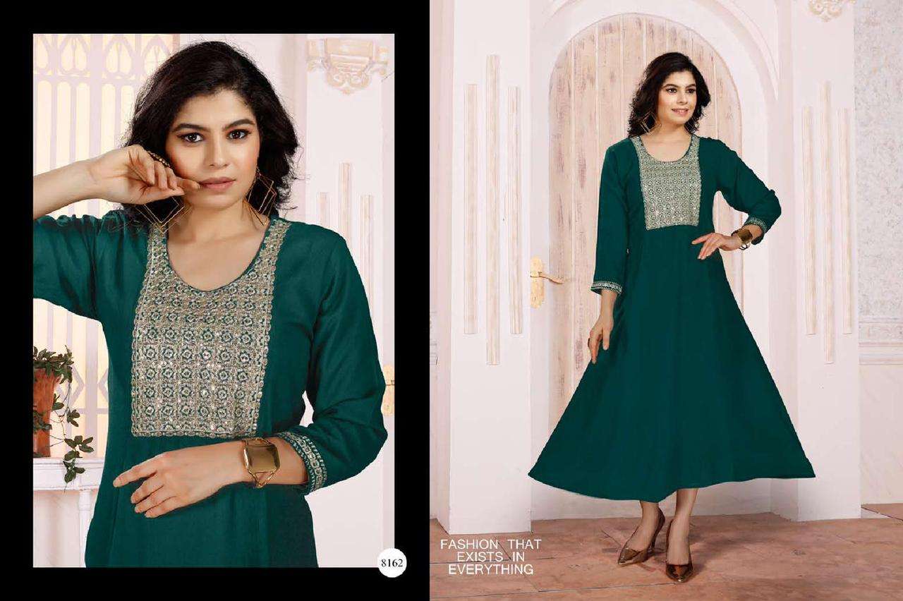 RRR HEAVY WRINKLE PLAN RAYON FROCK STYLE SEQUENCE JARI WORK KURTI CATALOG WHOLESALER BEST RATE
