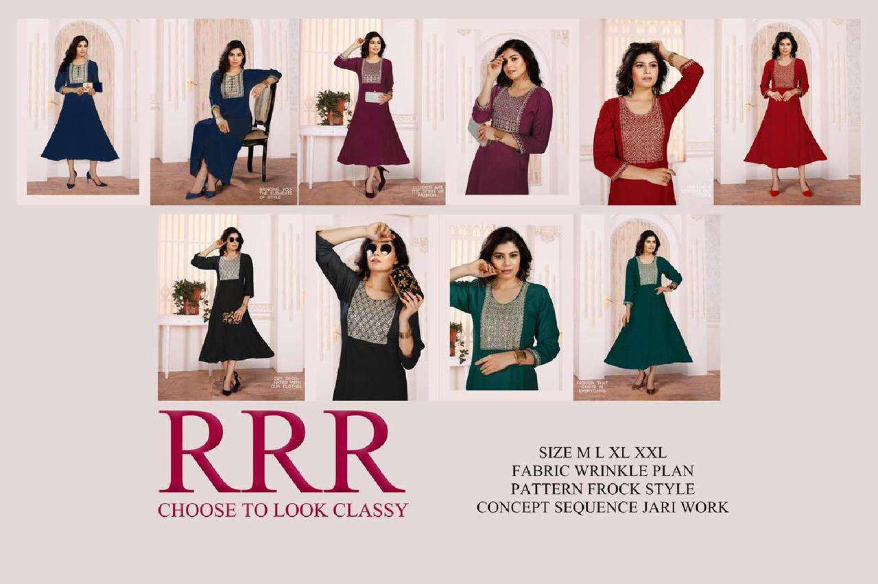 RRR HEAVY WRINKLE PLAN RAYON FROCK STYLE SEQUENCE JARI WORK KURTI CATALOG WHOLESALER BEST RATE