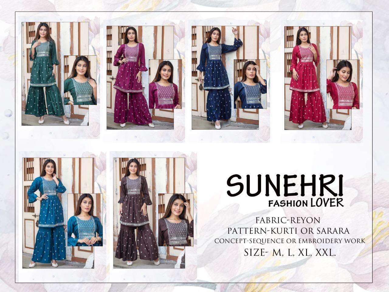 SUNEHRI Heavy Reyon SARARA or kurti embroidery work KURTI CATALOG WHOLESALER BEST RATE