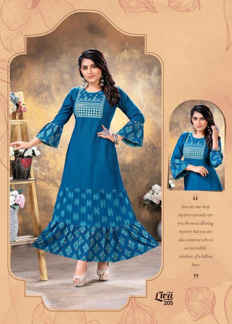 FASHION TALK LIVA 2 HEAVY RAYON SULB WITH PRINT Embroidery work with long ghera KURTI CATALOG WHOLESALER BEST RATE
