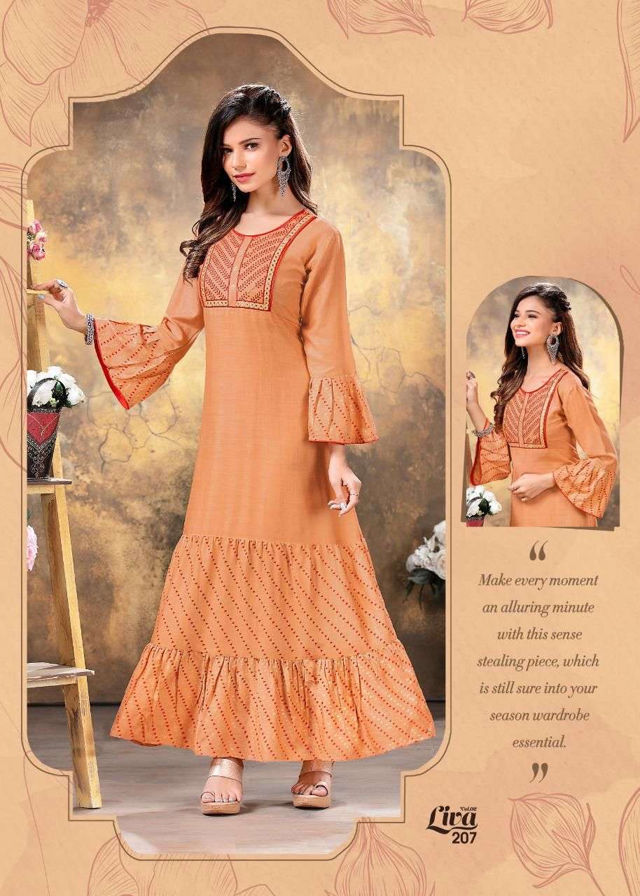 FASHION TALK LIVA 2 HEAVY RAYON SULB WITH PRINT Embroidery work with long ghera KURTI CATALOG WHOLESALER BEST RATE
