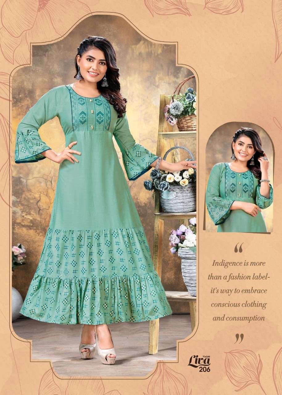 FASHION TALK LIVA 2 HEAVY RAYON SULB WITH PRINT Embroidery work with long ghera KURTI CATALOG WHOLESALER BEST RATE