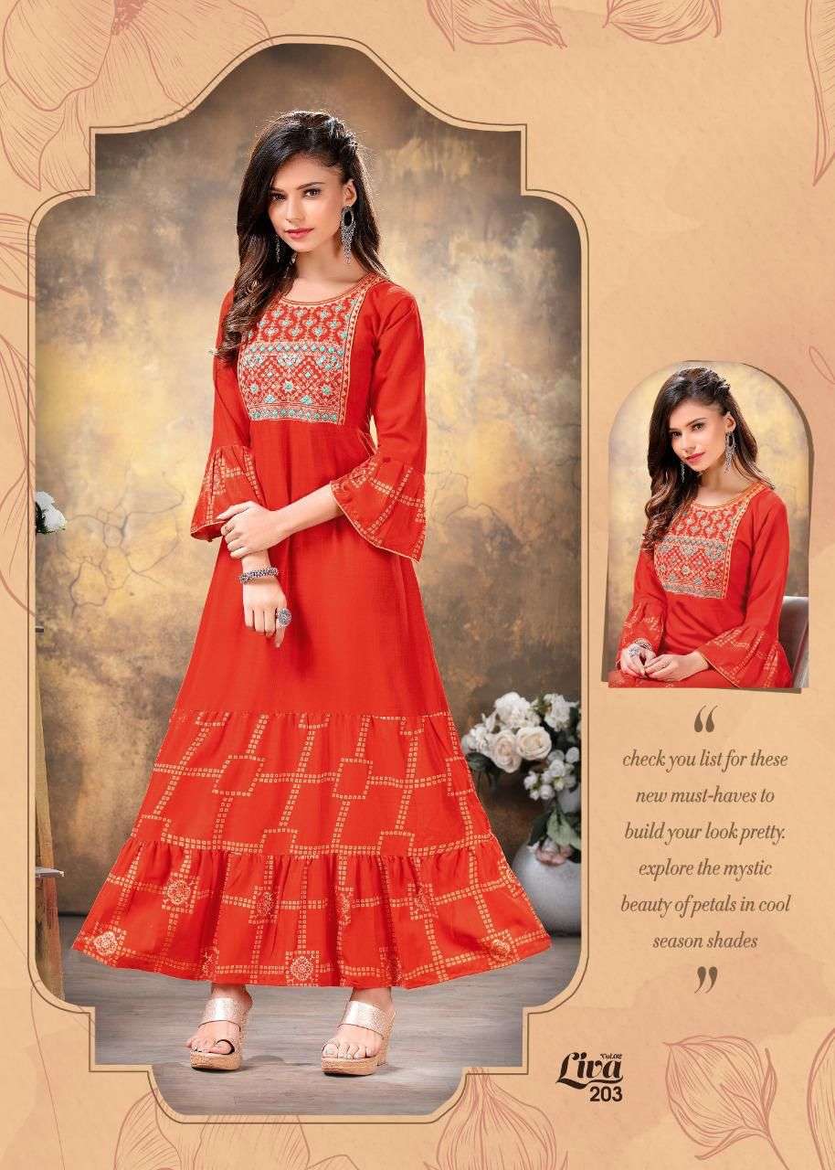 FASHION TALK LIVA 2 HEAVY RAYON SULB WITH PRINT Embroidery work with long ghera KURTI CATALOG WHOLESALER BEST RATE