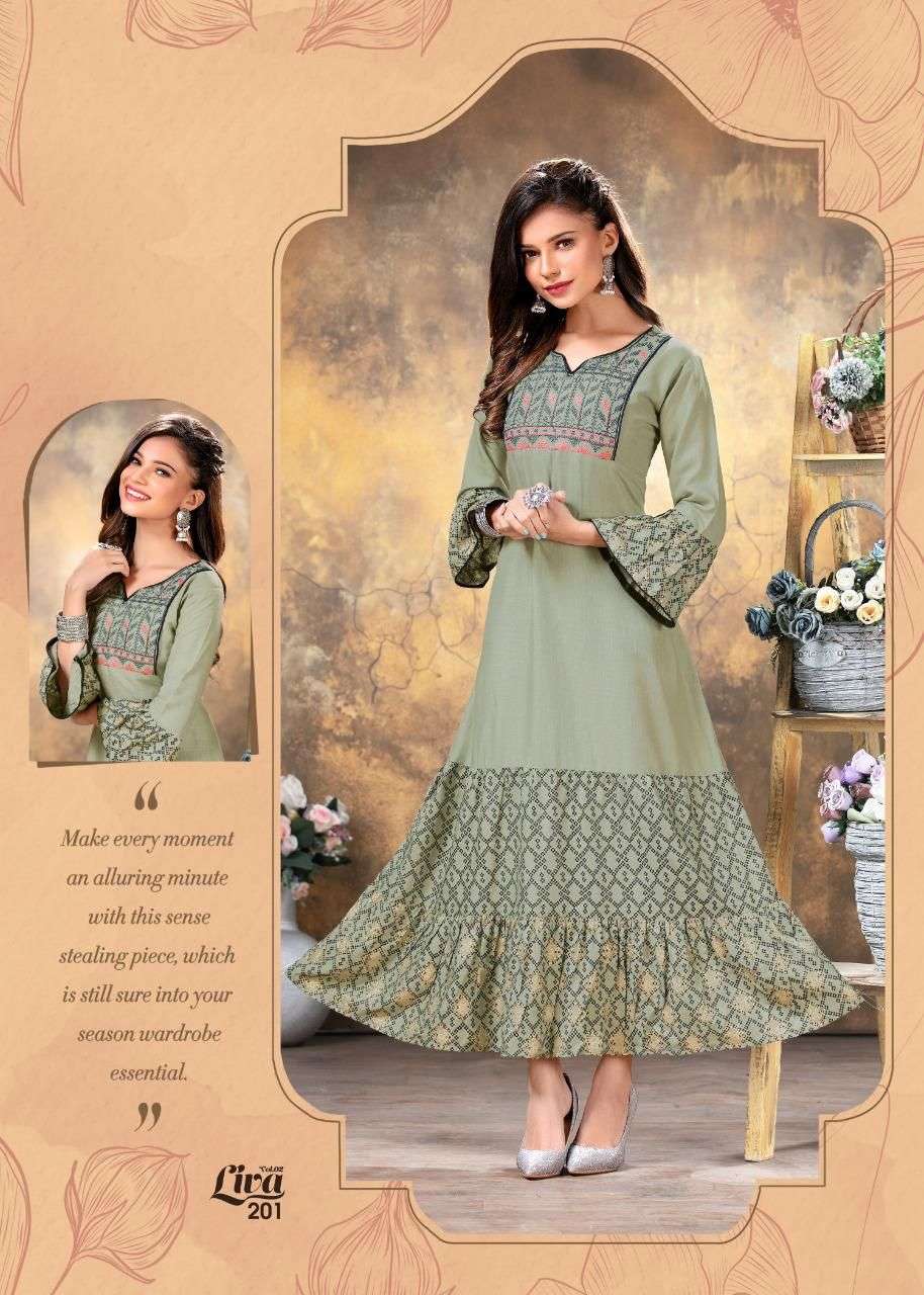 FASHION TALK LIVA 2 HEAVY RAYON SULB WITH PRINT Embroidery work with long ghera KURTI CATALOG WHOLESALER BEST RATE