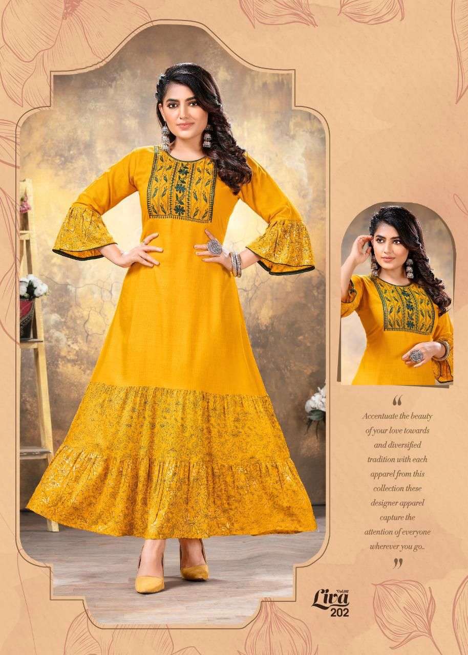 FASHION TALK LIVA 2 HEAVY RAYON SULB WITH PRINT Embroidery work with long ghera KURTI CATALOG WHOLESALER BEST RATE