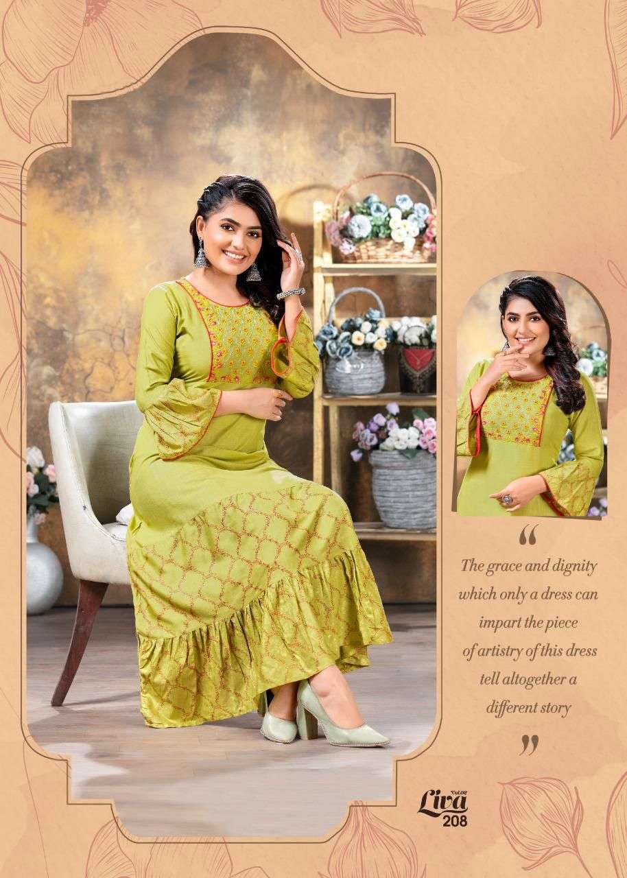 FASHION TALK LIVA 2 HEAVY RAYON SULB WITH PRINT Embroidery work with long ghera KURTI CATALOG WHOLESALER BEST RATE