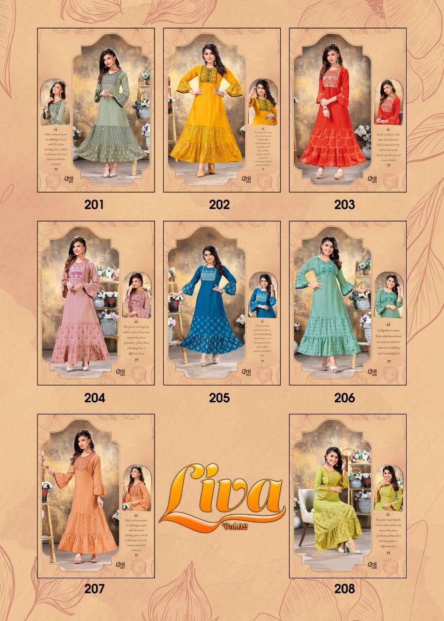FASHION TALK LIVA 2 HEAVY RAYON SULB WITH PRINT Embroidery work with long ghera KURTI CATALOG WHOLESALER BEST RATE