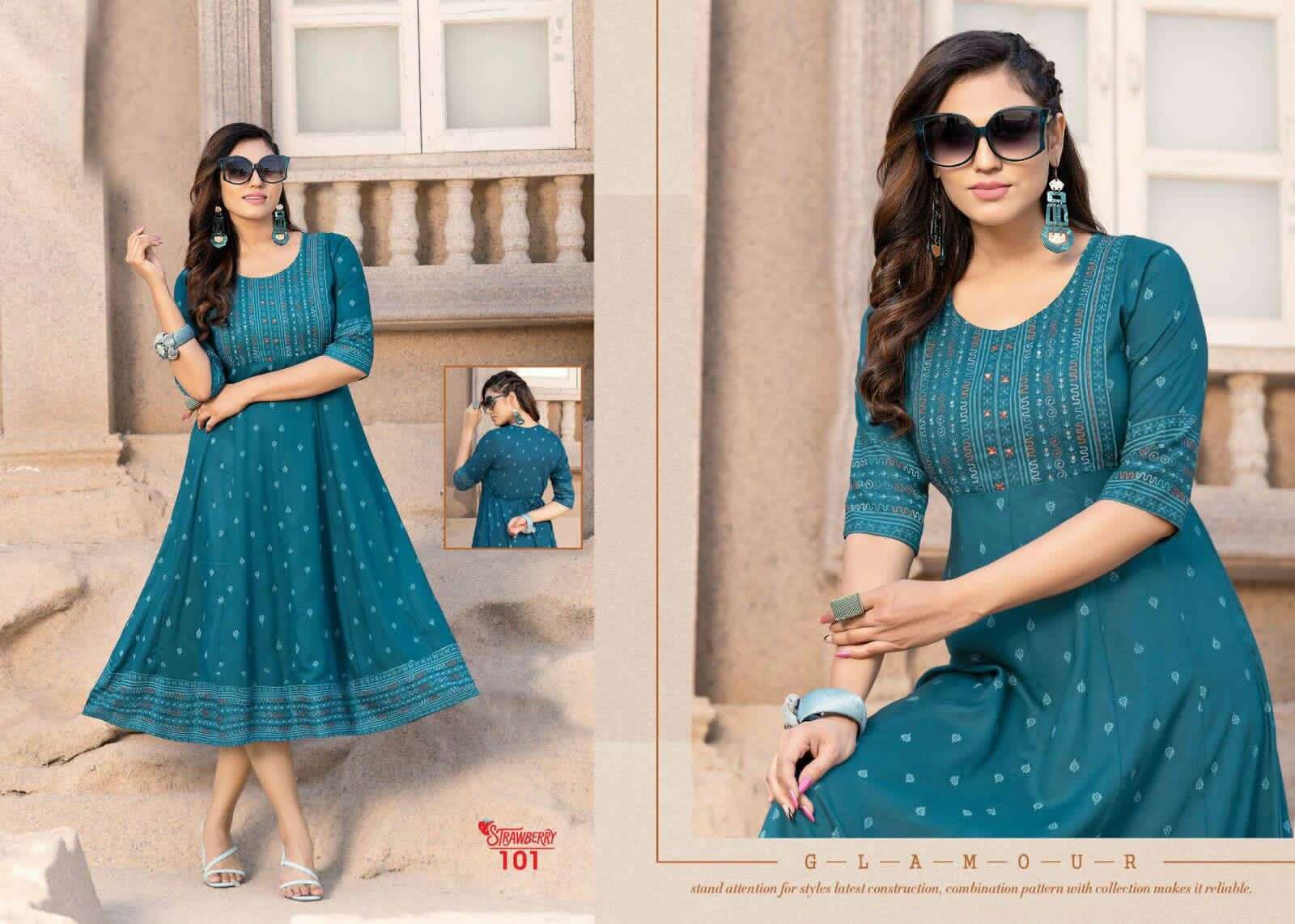 GOLDEN STRAWBERRY HEAVY RAYON SLUB WITH PRINT WITH HANDWORK KURTI CATALOG WHOLESALER BEST RATE