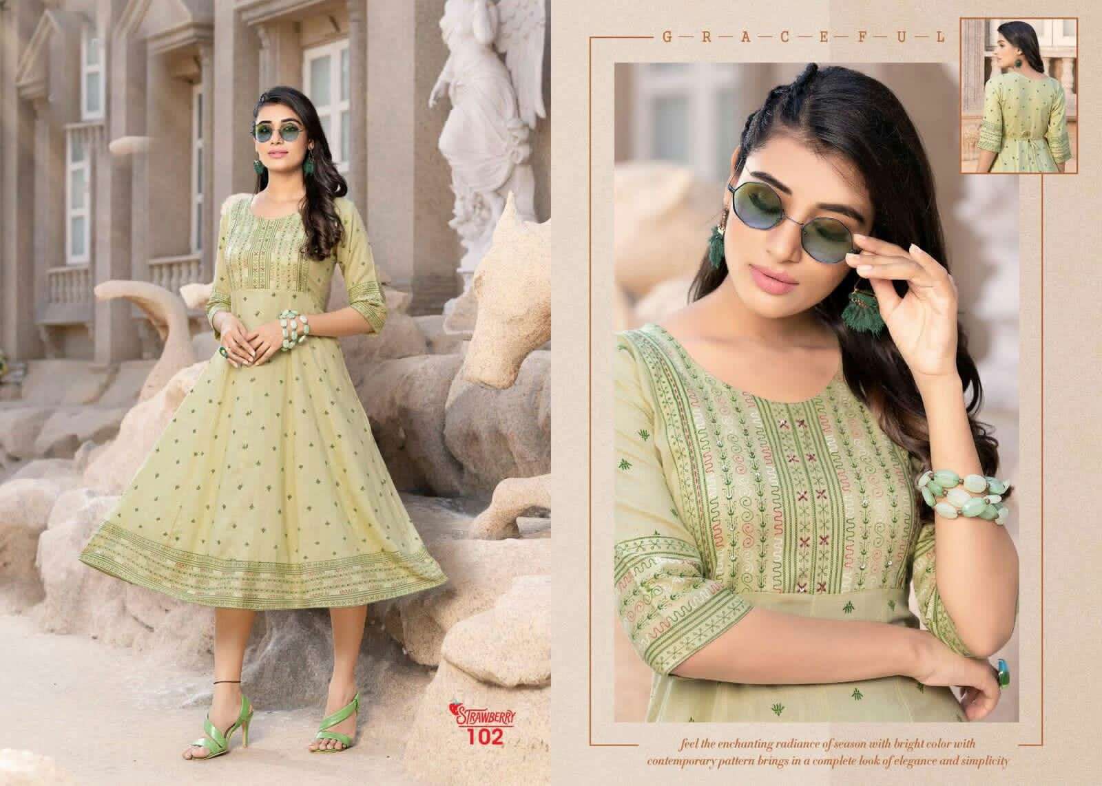 GOLDEN STRAWBERRY HEAVY RAYON SLUB WITH PRINT WITH HANDWORK KURTI CATALOG WHOLESALER BEST RATE