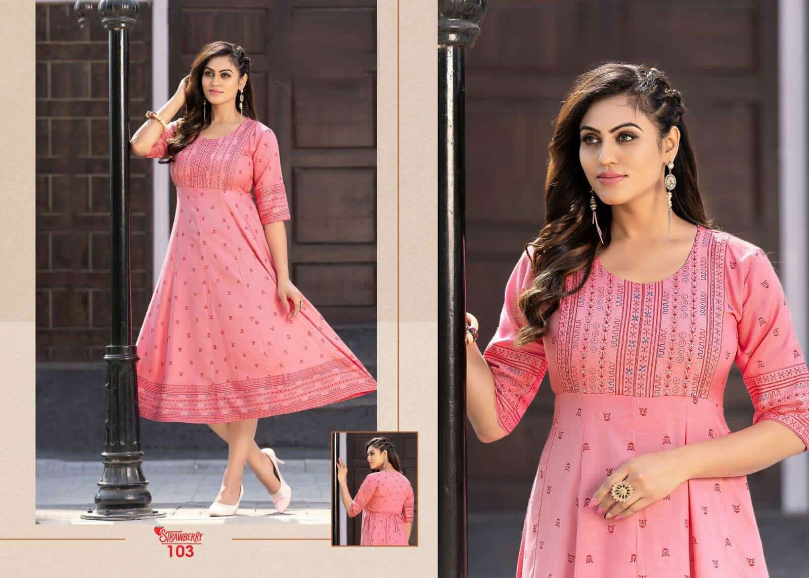 GOLDEN STRAWBERRY HEAVY RAYON SLUB WITH PRINT WITH HANDWORK KURTI CATALOG WHOLESALER BEST RATE
