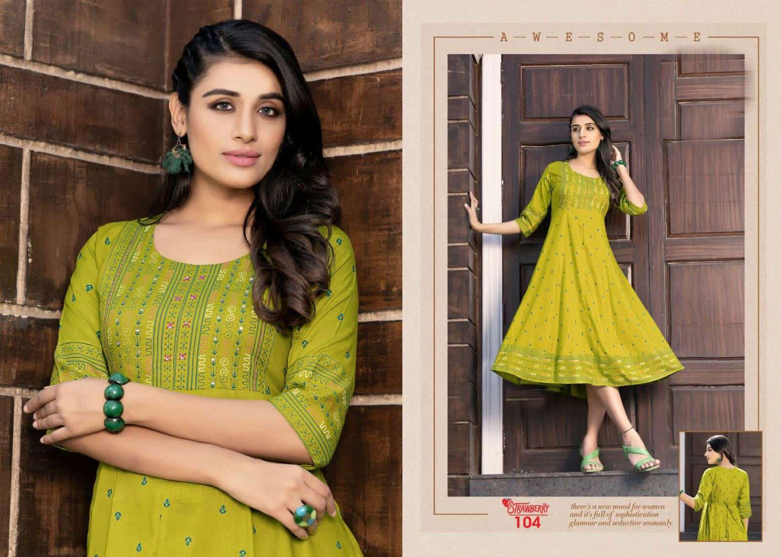 GOLDEN STRAWBERRY HEAVY RAYON SLUB WITH PRINT WITH HANDWORK KURTI CATALOG WHOLESALER BEST RATE