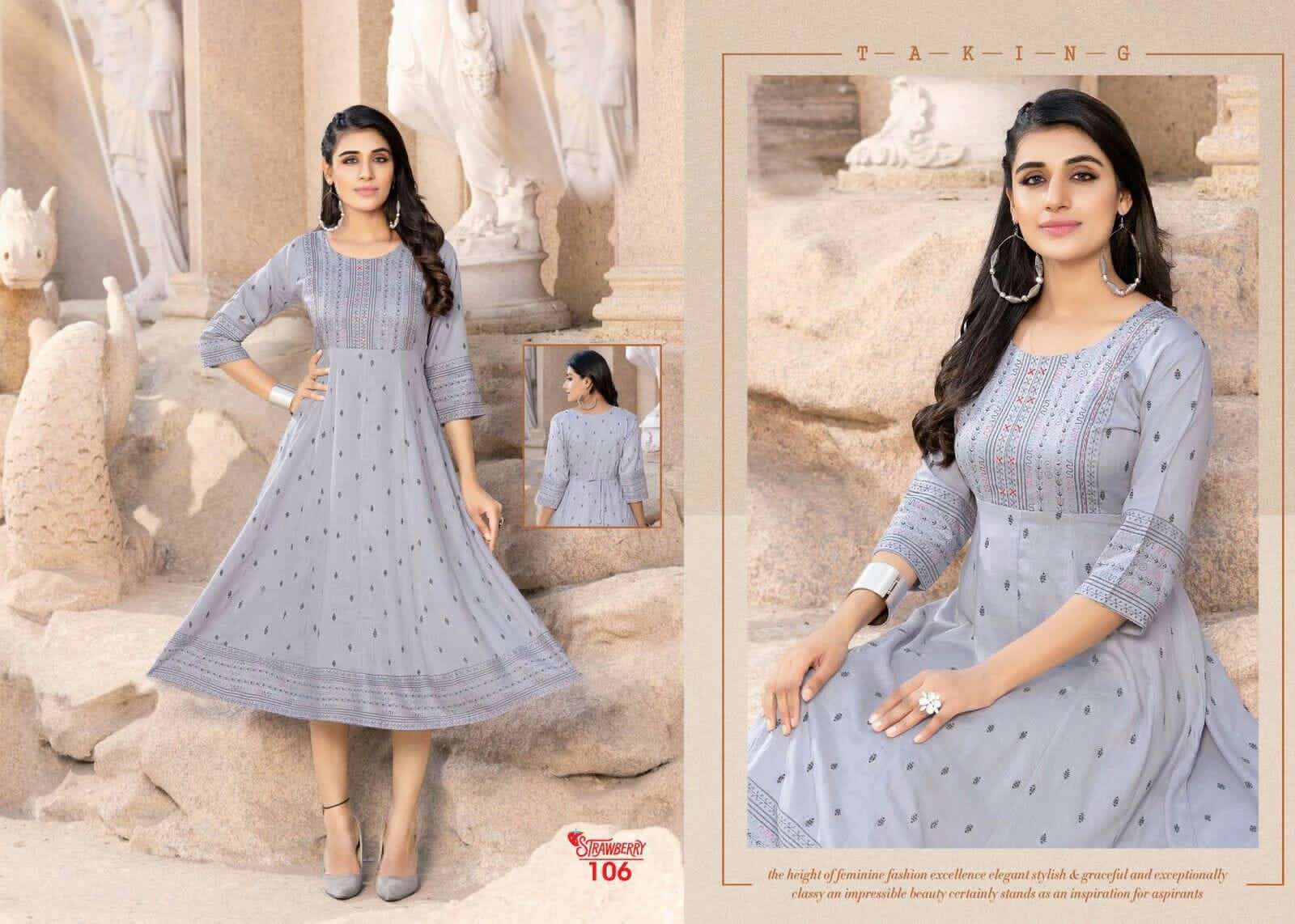 GOLDEN STRAWBERRY HEAVY RAYON SLUB WITH PRINT WITH HANDWORK KURTI CATALOG WHOLESALER BEST RATE