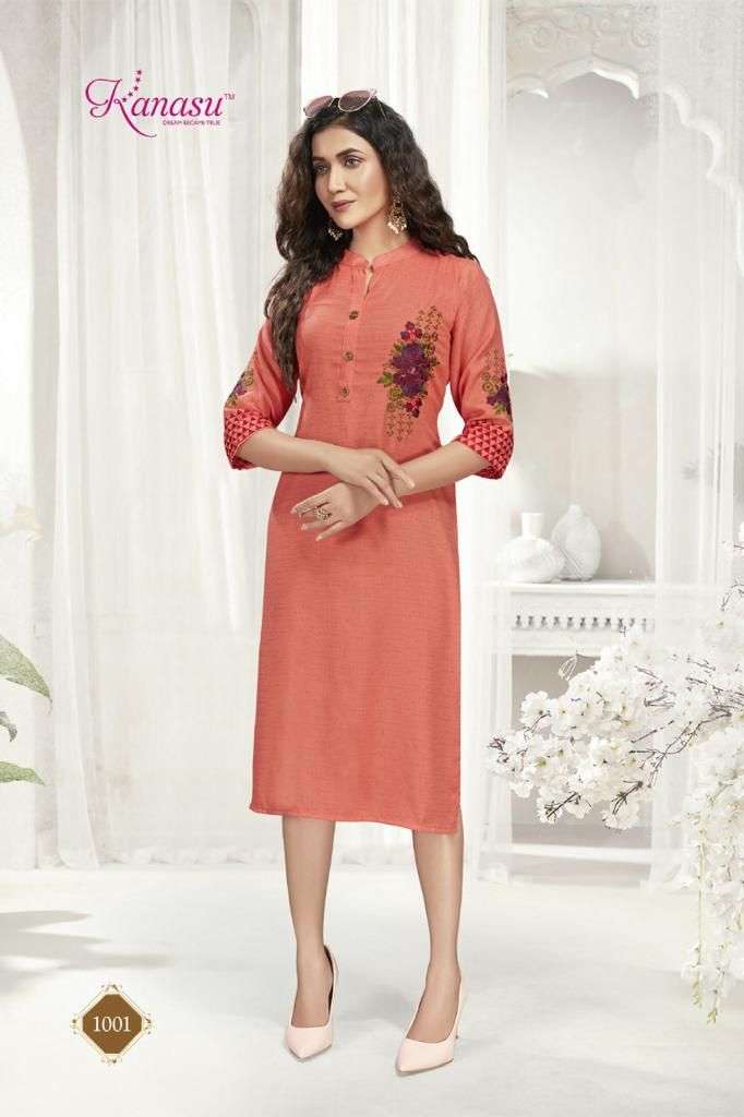  KANASU ROOHI VOL-2 HEAVY REYON JUTE (14KG) STRAIGHT WITH SLEEVES WORK COMPUTER KURTI CATALOG WHOLESALER BEST RATE