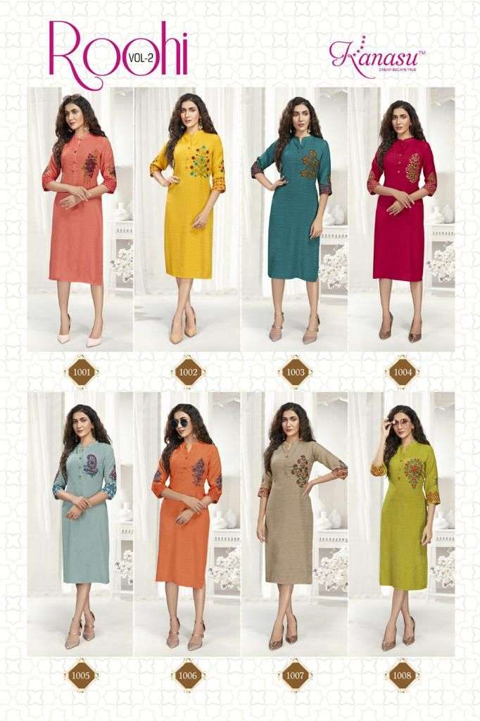  KANASU ROOHI VOL-2 HEAVY REYON JUTE (14KG) STRAIGHT WITH SLEEVES WORK COMPUTER KURTI CATALOG WHOLESALER BEST RATE