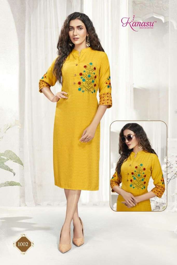  KANASU ROOHI VOL-2 HEAVY REYON JUTE (14KG) STRAIGHT WITH SLEEVES WORK COMPUTER KURTI CATALOG WHOLESALER BEST RATE