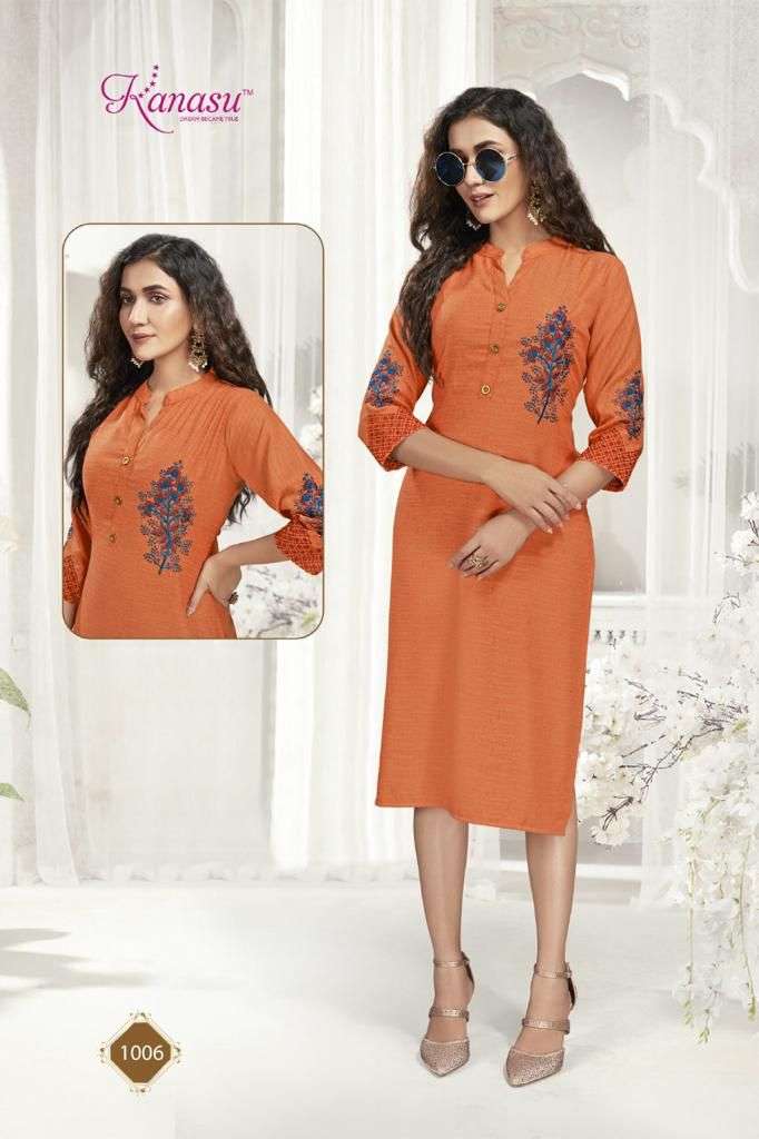  KANASU ROOHI VOL-2 HEAVY REYON JUTE (14KG) STRAIGHT WITH SLEEVES WORK COMPUTER KURTI CATALOG WHOLESALER BEST RATE