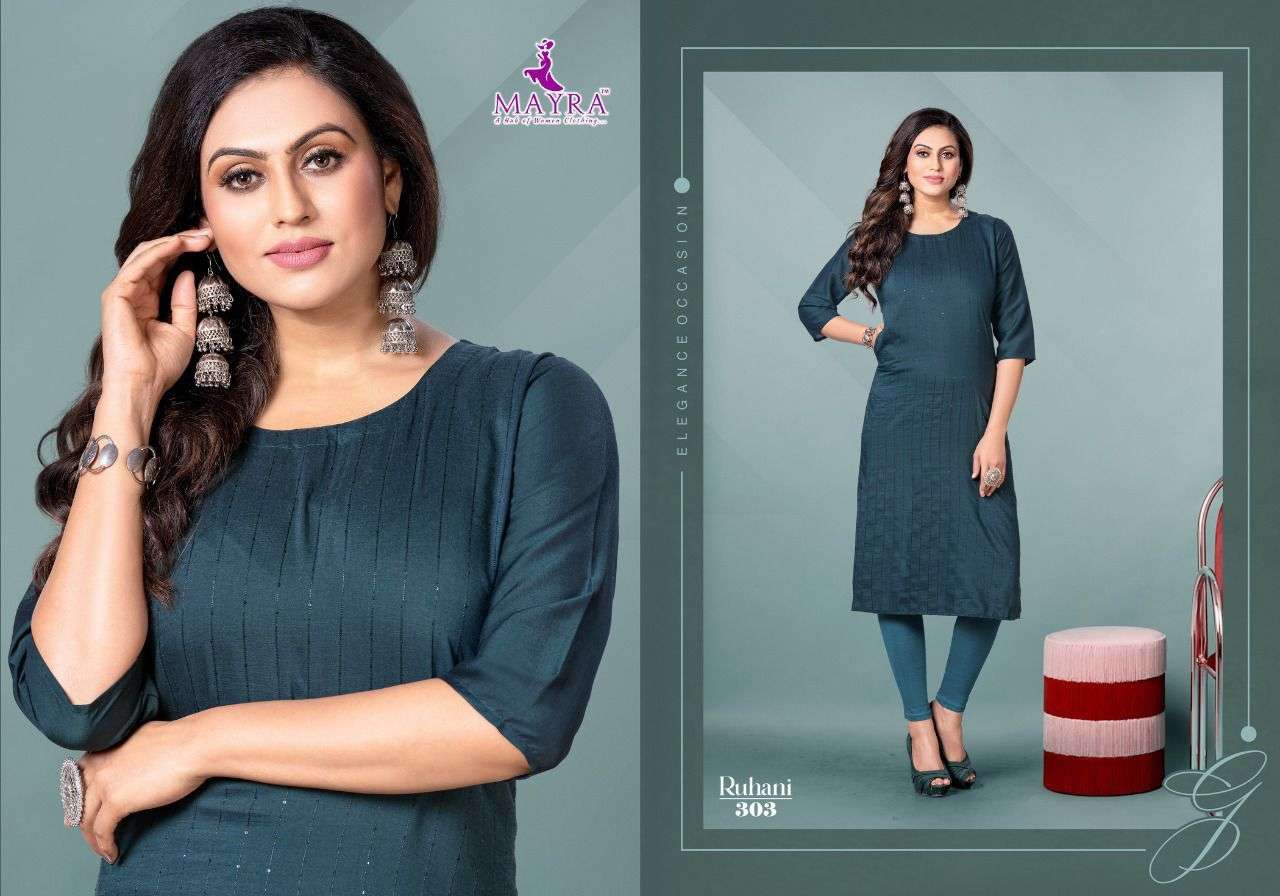 MAYRA RUHANI Sequence chinon silk with stiching pattern with side pocketside pocket with straight kurti on Chinon silk cloth with sequence work on front  panel KURTI CATALOG WHOLESALER BEST RATE 
