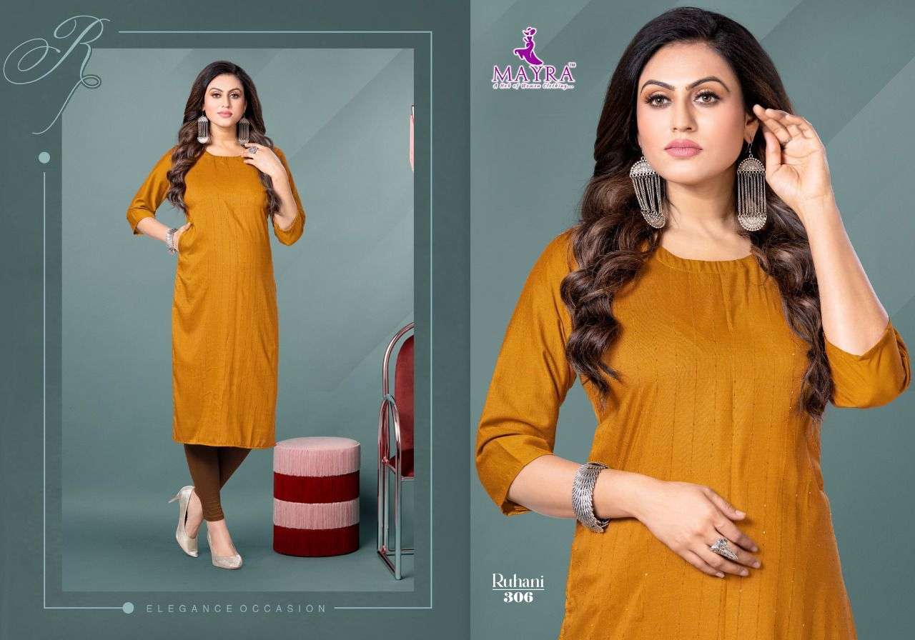 MAYRA RUHANI Sequence chinon silk with stiching pattern with side pocketside pocket with straight kurti on Chinon silk cloth with sequence work on front  panel KURTI CATALOG WHOLESALER BEST RATE 