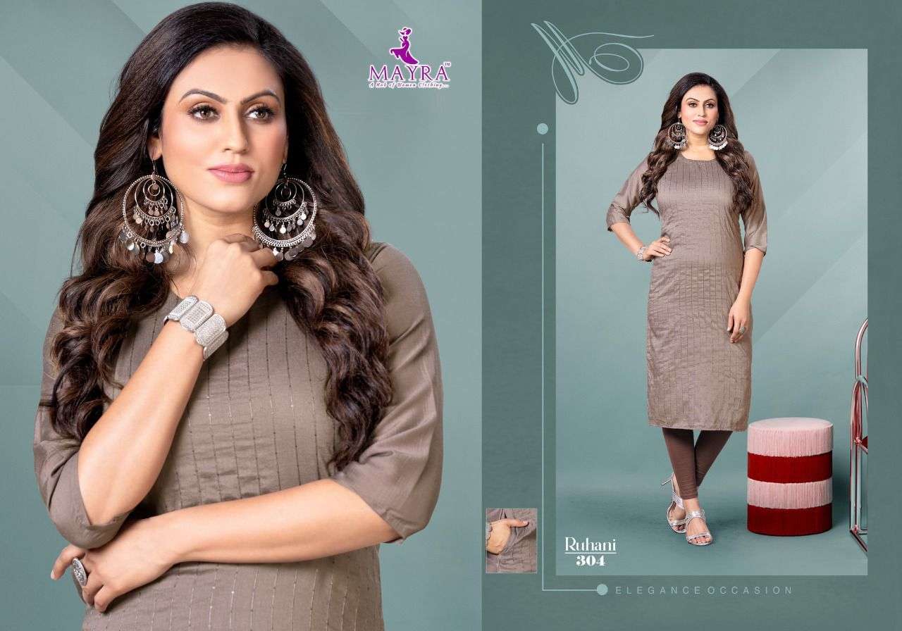 MAYRA RUHANI Sequence chinon silk with stiching pattern with side pocketside pocket with straight kurti on Chinon silk cloth with sequence work on front  panel KURTI CATALOG WHOLESALER BEST RATE 