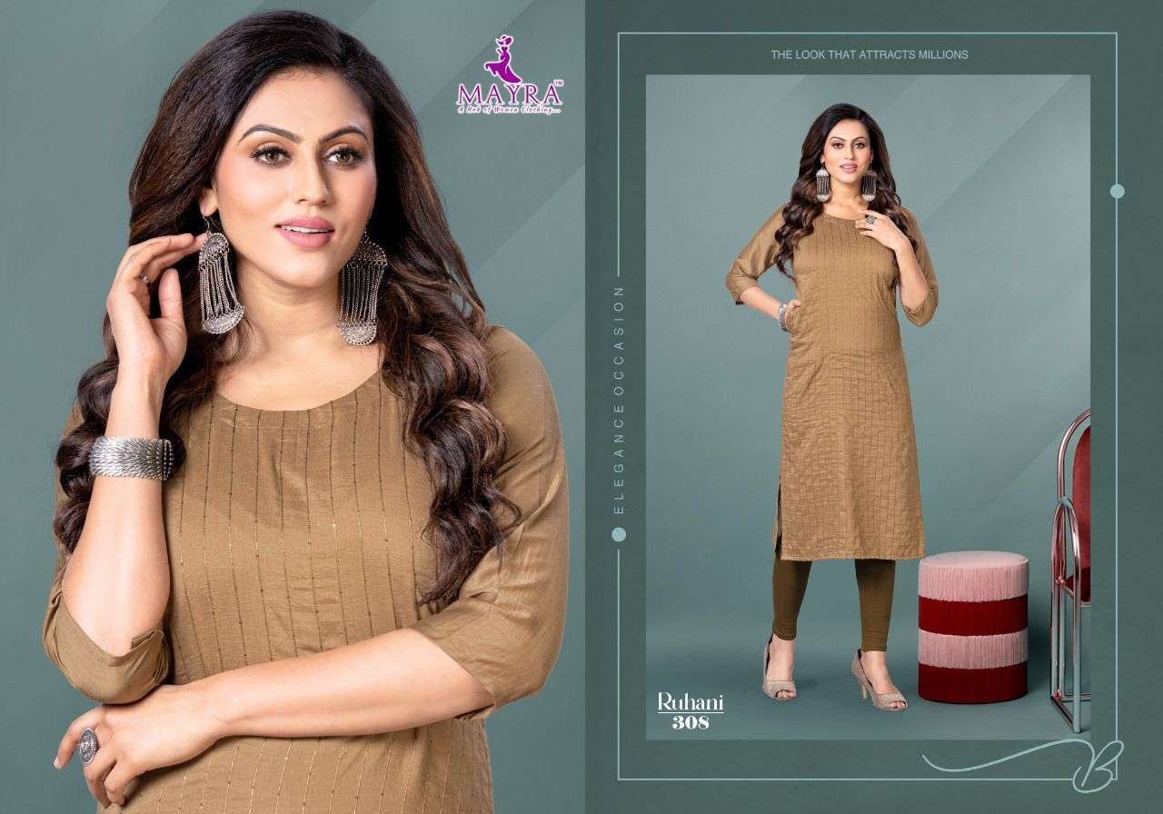 MAYRA RUHANI Sequence chinon silk with stiching pattern with side pocketside pocket with straight kurti on Chinon silk cloth with sequence work on front  panel KURTI CATALOG WHOLESALER BEST RATE 